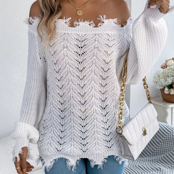 Distressed Hem Openwork Off-Shoulder Sweater - Picture 7 of 12